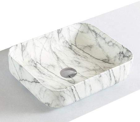 Lavabo da appoggio in ceramica sanitaria KW6127-50 x 39 x 13 cm - Colore a scelta, Colore:Aspetto marmo bianco opaco, Piletta Pop-up:Con coperchio suppl. cromato