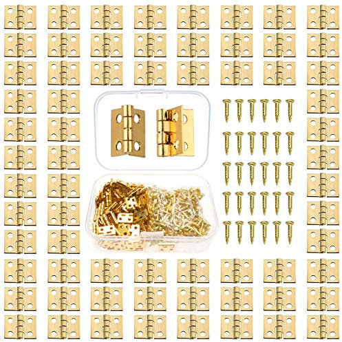 WZYTEU 100 pcs Mini Charniere Laiton,Vintage mini Charnière avec 400 pièces vis de rechange et Boîte de Rangement en plastique,pour Boite en bois Boîte à bijoux Cabinet DIY Accessoires(10x8mm)