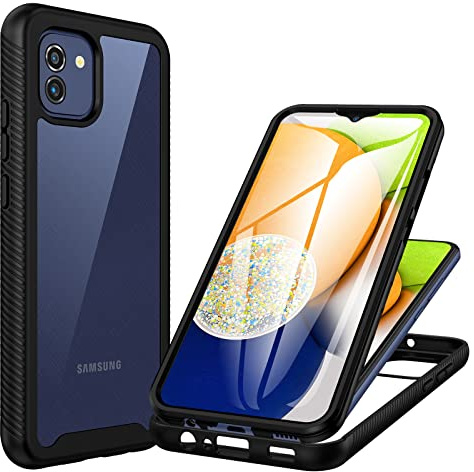 CENHUFO für Samsung Galaxy A03 Hülle, 360 Grad Schutzhülle Stoßfest Panzerhülle mit Eingebautem Displayschutz Robust Bumper Full Cover Case Durchsichtig Handyhülle für Samsung Galaxy A03 - Schwarz