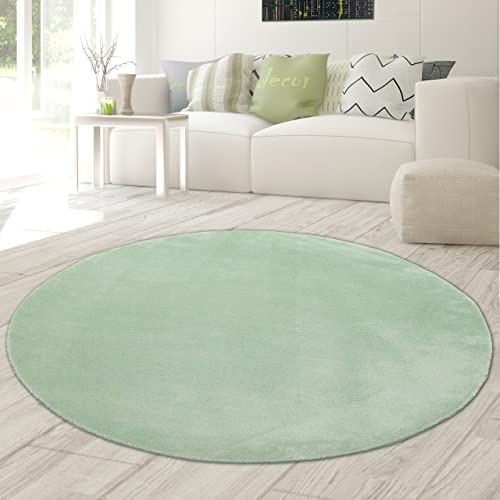 Teppich-Traum Moderner Teppich Rund Waschbar Einfarbig Grün Ø 120 cm | Weich und flauschig, bis 30 °C waschbar, pflegeleicht, rutschfest, formstabil, saugrobotergeeignet, Wohn- & Kinderzimmer
