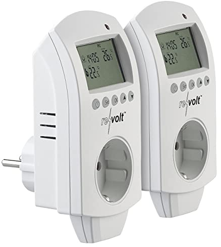 revolt Thermostatschalter: 2er-Set digitale Steckdosen-Thermostate für Klimageräte, 3.680 Watt (Thermostat mit Fernfühler, Thermostat Schalter Steckdosen)