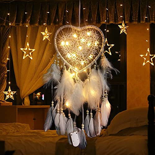 Capteur De Rêves en Plumes, Dsaren Attrape Rêve Lumineux Fait Main Mobiles Attrape-Rêves Rétro Romantique Décor pour Fille Mobile Decoratif Maison Chambre Murale Voiture Anniversaire Cadeau (Blanc)