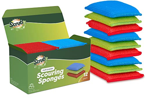 SCRUBIT Multi-Purpose Dish Scrub Sponge, Non Scratch Scouring Pads, Cleaning Sponges for pots & Dishes - Pot Scrubber Sponges for Kitchen & Bathroom - 12 Pack Dish Sponge (Blue,Red,Green)