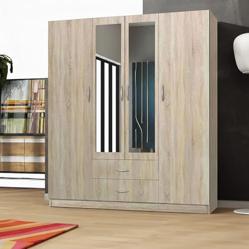 SLIDING WARDROBE 4U Manchester Hinge Mirror Four Door Wardrobe with Drawers | Width: 171 cm | Colors: White, Black and Oak (Oak)