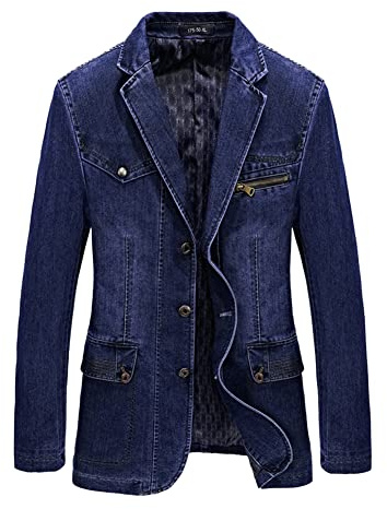 Blazer para Hombre Chaqueta de Mezclilla Ajustada Casual de Negocios con 3 Botones,Primavera Otoño Slim FIt Algodón Casual Traje Chaquetas Vaquera Abrigo Hombres Vintage Casual Blazer Vaquera XL