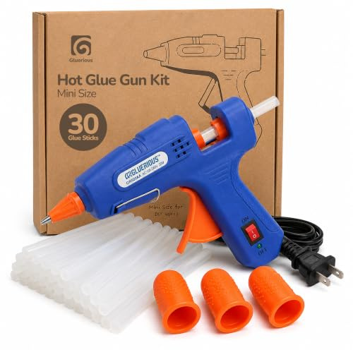 Gluerious Mini pistolet à colle chaude avec 30 bâtons de colle pour travaux manuels, école, bricolage, réparation rapide, 20 W, bleu