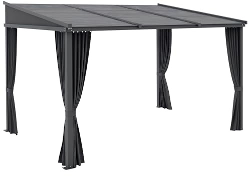 Outsunny Pergola, 3,65 x 2,55 m Pavillon, Terrassenüberdachung mit Schiebedach, Gartenpavillon mit Vorhängen, für Garten, Hof, Alu+Metall, Dunkelgrau