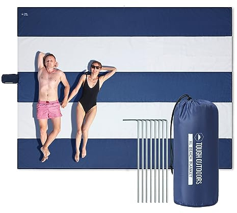 Tough Outdoors Extra Large Beach Blanket Waterproof Sandproof Oversized - 11'x10' Sand Free Beach Mat for 9 Adults - Hiking, Outdoor & Beach - Navy Blue & White
