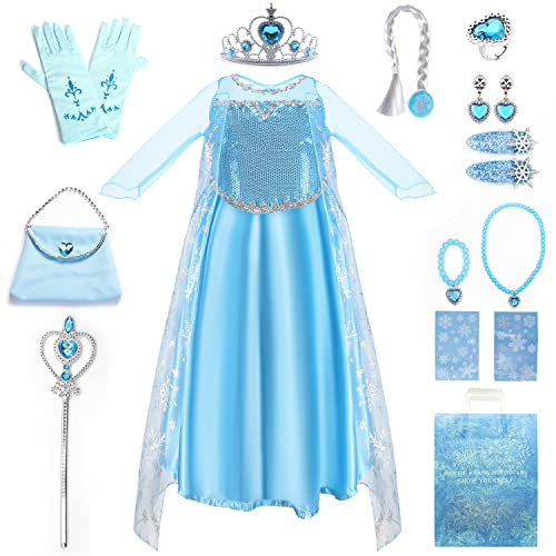 Sugeru® Elsa Kostüm Mädchen,14 stk Prinzessin Kleid Mädchen Set,Anna und Elsa Kleid Spielzeug Kinder Kleinkind für Party Cosplay Halloween,Geburtstag Mädchen,Mitbringsel Kindergeburtstag