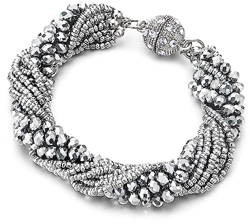 COOLSTEELANDBEYOND Argento Colore Cristallo Perlina Multi-Fila Bracciale Braccialetto con Strass Palla Charms Chiusura Magnetica