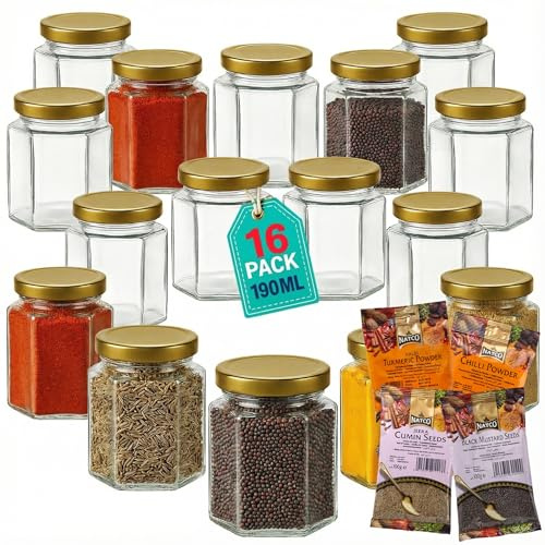 Jars with Lids Small Storage Glass Jars with Gold Lid with 4 SPICES | 190ml Hexagonal Glass Jars with Sticker Labels Spice Storage Jam Jelly Chutney- 16 Set