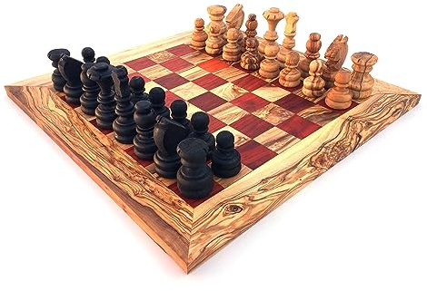 Schachspiel gerade Kante Gr. wählbar S/M/L/XL Inklusive 32 Schachfiguren Schach Schachspiel handgefertigt aus Olivenholz (M)