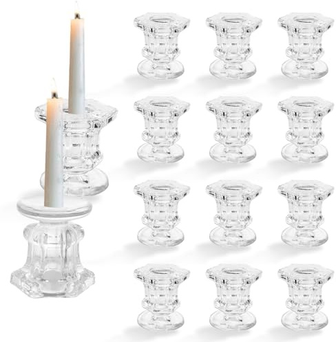 DAJAVE 12 Pack Candle Holders Glass Candle Sticks Holder Clear Candlestick Holder Small Taper Candles Holders for Wedding Christmas Party Dining Table Centerpiece Decor