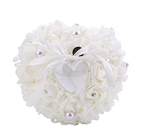 Mokylor Elegantes Herzform-Eheringe-Kissen, Ringe-Kissenband, Perle, Rose, Hochzeit, Herz-Ringe, Box, Kissen, Kissenhalter für Hochzeit, Bräutigam, Braut(Weiß)