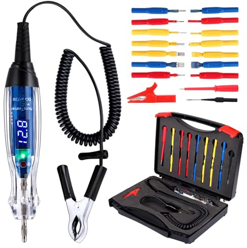 Test Light Probe Kit, 3-72V DC LED Digital Automotive Circuit Tester with Voltmeter, 18 Pieces Multi Function Auto Fuse Voltage Tester Electric Probe Test Kit with Black Carrying Case