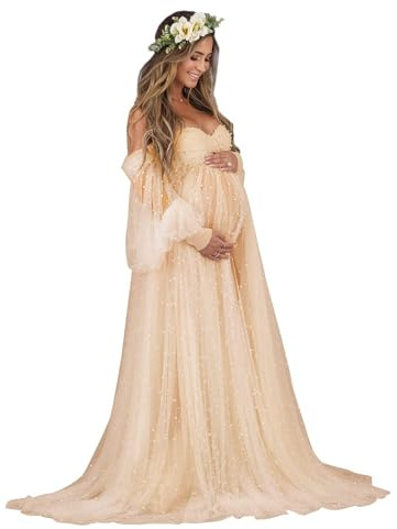 Beyonddress Perlen Umstandskleider Fotoshooting Tüll Langarm Schwangere Kleider Festlich Hochzeit Elegant Abendkleider Umstandsmode,Champagne,L/XL