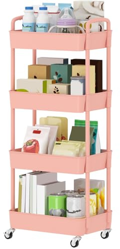 Sywhitta 4-Tier Plastic Rolling Utility Cart with Handle, Multi-Functional Storage Trolley for Office, Living Room, Kitchen, Movable Storage Organizer with Wheels, Pink