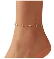 NONAMOIS Ankle Bracelets for Women Dainty 18K Gold Plated Anklet Waterproof Round Beaded Paperclip Herringbone Pearl Chain Anklets Delicate Beach Jewelry