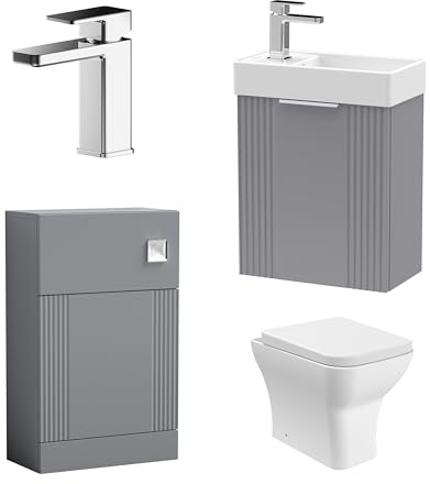 Balterley Vanity Unit with Basin, Handle, Toilet Pan, Seat, Water Closet & Mixer Tap, Wall Hung Single Door Soft Close Vanity Unit, Toilet Pan with WC & Flush, Mono Basin Mixer Tap (Grey/Chrome)