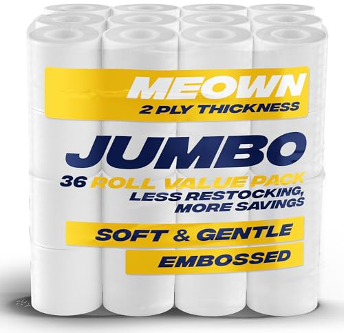 Meown Jumbo Toilet Rolls Bulk Buy, 36 Pack Quilted 2-Ply Soft Toilet Paper, Ultra-Soft, Gentle & Absorbent White Bathroom Tissue, Biodegradable Toilet Rolls for Family, Home & Commercial Use