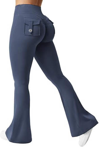 ZAAYO Flare Leggings with Pockets for Women Scrunch Butt Sport Leggings High Waist Bootcut Leggings for Workout Gym Yoga Casual Navy Medium