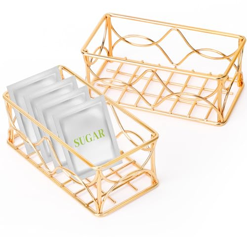 DLUGOPIS 2 Pcs Gold Sugar Packet Holder Metal Tea Bag Organizer Sugar Caddy Coffee Creamer Tea Bag Caddy for Coffee Bar Kitchen Home 4.5*2.2*1.8 Inch