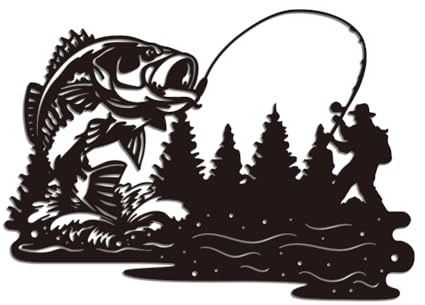 WADORN Wandkunst Aus Eisen Motiv „Go Fishing“, Wandskulpturen Aus Schwarzem Metall Mit Angelmuster Für Zuhause Angelhütte Badezimmer Büro Außen Und Innendekoration