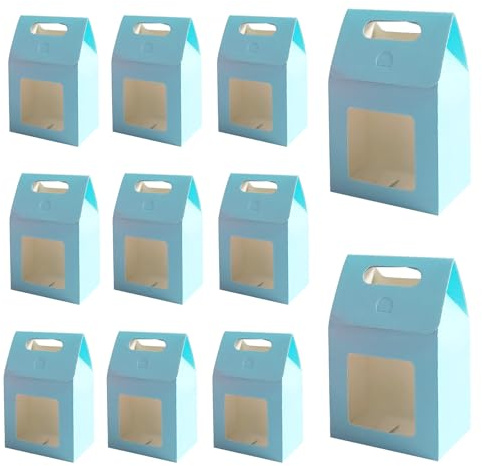 12 Stück Himmelblau Papiertüten，Geschenktüte mit Griff，Geschenktüte mit Fenster, zum Verpacken von Bankett Geschenken, Süßigkeiten, Keksen（Himmelblau）