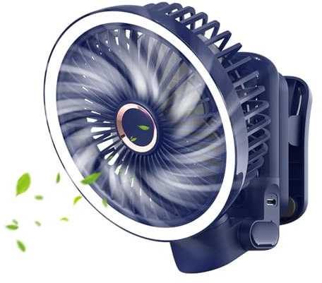 Ventilador portátil de clip – Ventilador de clip de viaje – Ventilador personal recargable por USB | Ventilador de abrazadera resistente con flujo de aire fuerte con luz para escritorio, carrito de