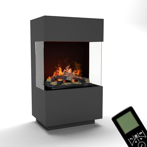 GLOW FIRE Wasserdampf Kamin OGF 1 Mini (Standkamin) - Elektrokamin mit realistischen LED 3D-Flammen, Knistereffekt & Fernbedienung, 55x96x40 cm - Opti-Myst 400 Elektro Kamin mit Holz-Deko, Grau