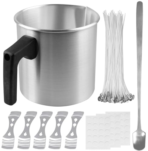 Kerzen Selber Machen Set, Kerzen Gießen Set, 1.2L Kerzenherstellung Topf mit Hitzebeständigem Griff, 1 quadratischer Löffel, 5 Halter mit 3 Löchern, 60 Kerzendochte, 60 Blatt weiße Klebepunkte