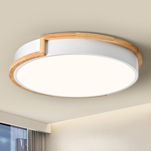 WOKNOS Deckenlampe, Deckenleuchte Schwarz 30cm, 24W LED Lamp mit Holz für Schlafzimmer Wohnzimmer Küche Flur Esszimmer 4000K