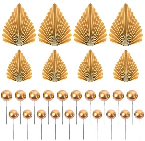 SYEYCW 48 Piezas Oro Adornos Tarta, 8 Piezas Decoracion de Tarta Hojas de Palma de Papel, 40 Piezas Adornos de Pastel de Bolas, DIY Cupcakes Topper, para Cumpleaños, Bodas, Decoraciones de Fiesta