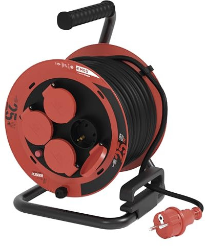 EMOS - Kabeltrommel 25m - 4 Schuko-Steckdosen mit erhöhtem Berührungschutz - wasserdicht & kältebeständig, schlagfest - 230V, 10A, 2300W - Gummi-Isolierung - H05RR-F3G 1,0 mm2 - IP44 für Außenbereich