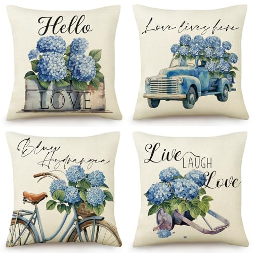 Kissenhülle 45X45 Hortensien Outdoor Kissen Mit Unsichtbarer Reißverschluss,Leinen Sofakissen Dekokissen Waschbare Langlebig Kopfkissenbezug,Zierkissen & -Hüllen
