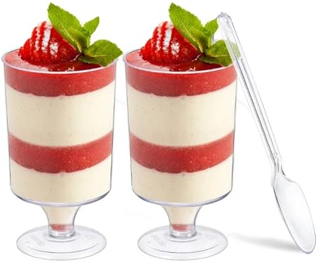 Mini-dessertglas med mini sked, efterrättskoppar i plast, 110 ml runda dessertglas i plast parfait aptitretare plastglas återanvändbart serveringsglas för dessert, pudding, mousse fest. (50st)