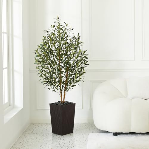 VeriNatural Olivo artificial de 5 pies – Olivo sintético de alto con tronco de madera natural, hojas de seda, maceta cónica marrón y guijarros, plantas falsas resistentes a los rayos UV para