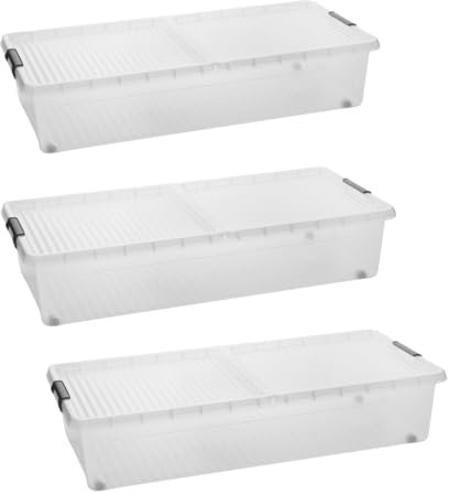 SUSTANIA Unterbett-Aufbewahrungsboxen 3er Set mit Rollen & geteiltem Deckel – Transparente Unterbettkommode 78x38x16cm, 32L Made in EU