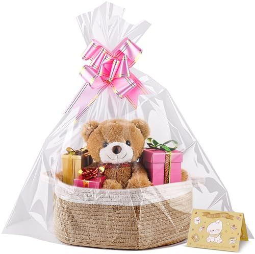 Geschenkkorb Leer 30 x 20 x 12cm,Geflochten Korb mit Geschenktüten und Bändern,Präsentkorb Leer für Ostern,Babyparty,Geburtstag, Hochzeit,Erntedank, Weihnachten (Weiß-Kaki)