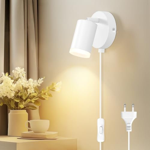 Dehobo Aplique de Pared con Enchufe e Interruptor - Lámpara de Muro Moderna - Blanco Mate Lámpara Enchufable Aluminio MAX 7W para Dormitorio Sala de Lectura Imagen - Sin Bombilla