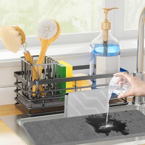 FunMacchi Kitchen Sink Caddy Organizer mit Drying Stone – Spülbecken Organizer, Spülschwammhalter & Bürstenhalter, Küchen Sink Organizer aus Diatomeenerde, Abtropfhalter für Spüle & Bad (Schwarz)