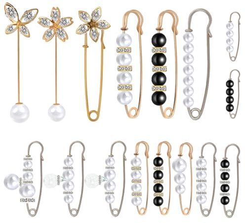 16 Pieces Pearl Crystal Brooch Safety Pins Pant Waist Tightener Safety Pins for Clothing Dresses skirt Sweater Shawl Collar Cardigan Shirt Jeans Pants Decoration Accessories for Women Girls﻿