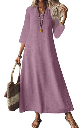 Générique Robe Femme Été Longue Robe Cotton en Linen 2025 Été Chic Col en V et Manches 3/4 Fermeture Éclair dans Le Dos Pas Grande Taille Lâche Bohème Dress avec Poche Poitrine pour Vacances Dress