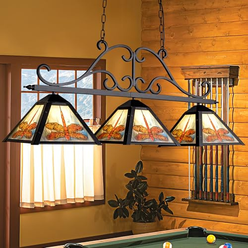 TOCHIC 46 Tiffany Pool Table Light, 3 Lights Farmhouse Chandelier, Vintage Billiards Light Fixture with Dragonfly for Dining Room Game Room Kitchen Island Man Cave Bar