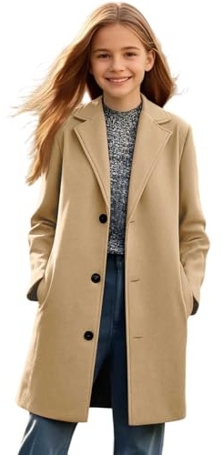 Teen Girls Trench Coat Double Breasted Notched Collar Wool Coats Kids Winter Warm Windproof Long Parka Jacket with Pocket Casual Fashion Elegant School Uniform Dress Coats