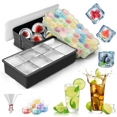 Eiswürfelform Silikon, 3 Stück Eiswürfelform mit Deckel, Eiswürfel Form | Ice Cube Tray, Eiswürfelbehälter mit Deckel, für Cocktail, Whiskey, Schokolade, wiederverwendbar und BPA-frei