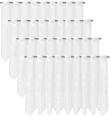HJZHII 4 Stück Sheer Bistrogardine 130x45cm Scheibengardinen Vorhänge Weiß | Halbtransparent Vorhänge Scheibengardine Kurzgardine Kurzstores Blume Jacquard Gardine mit Schmetterling für Wohnzimmer Küche