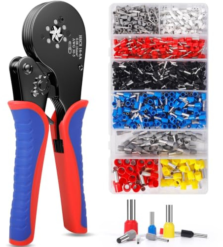 MAILLARD Set di Pinze a Crimpatura Esagonale, 8 Tipi 0,08-16 mm² Set di terminali per fili con 1200 connettori, pinza a crimpare esagonale autoallineante, Pinza a crimpare