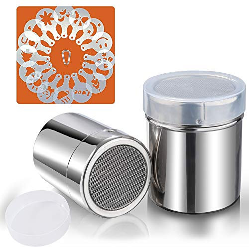 SOSMAR Upgrade Mesh 2 Pcs Stainless Steel Chocolate Shaker, Icing Sugar Duster, Cocoa Flour, Coffee Latte & Cappuccino Mesh Sifter, 16 Pcs Barista Stencils, 1 Clip