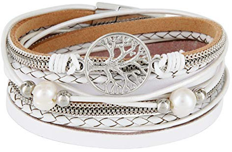StarAppeal Armband Wickelarmband mit Perlen, Ketten, Flechtelement und Lebensbaum Anhänger, Magnetverschluss Silber, Damen Armband (Weiß)